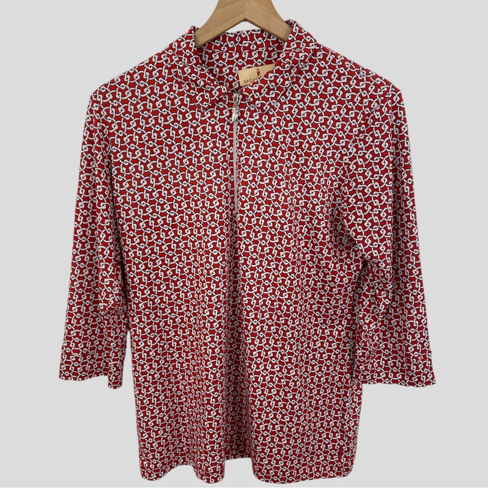 Sport Haley Red Black White Geometric Print 1/4 Zip Golf Shirt Large